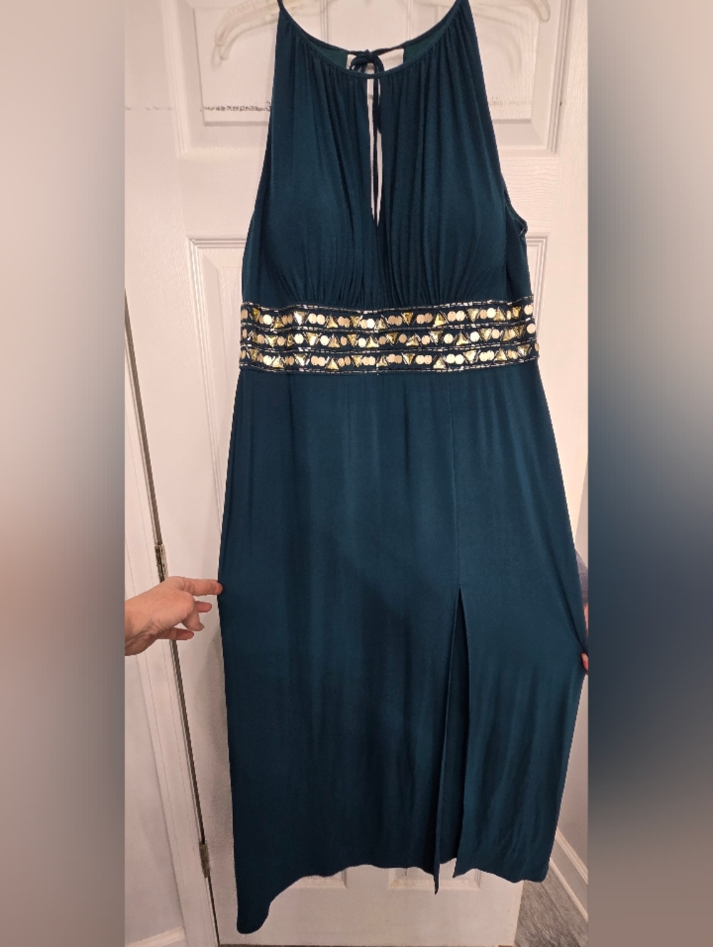 R&M Richards Teal Formal Gown w/Gold Embellished Waist Band